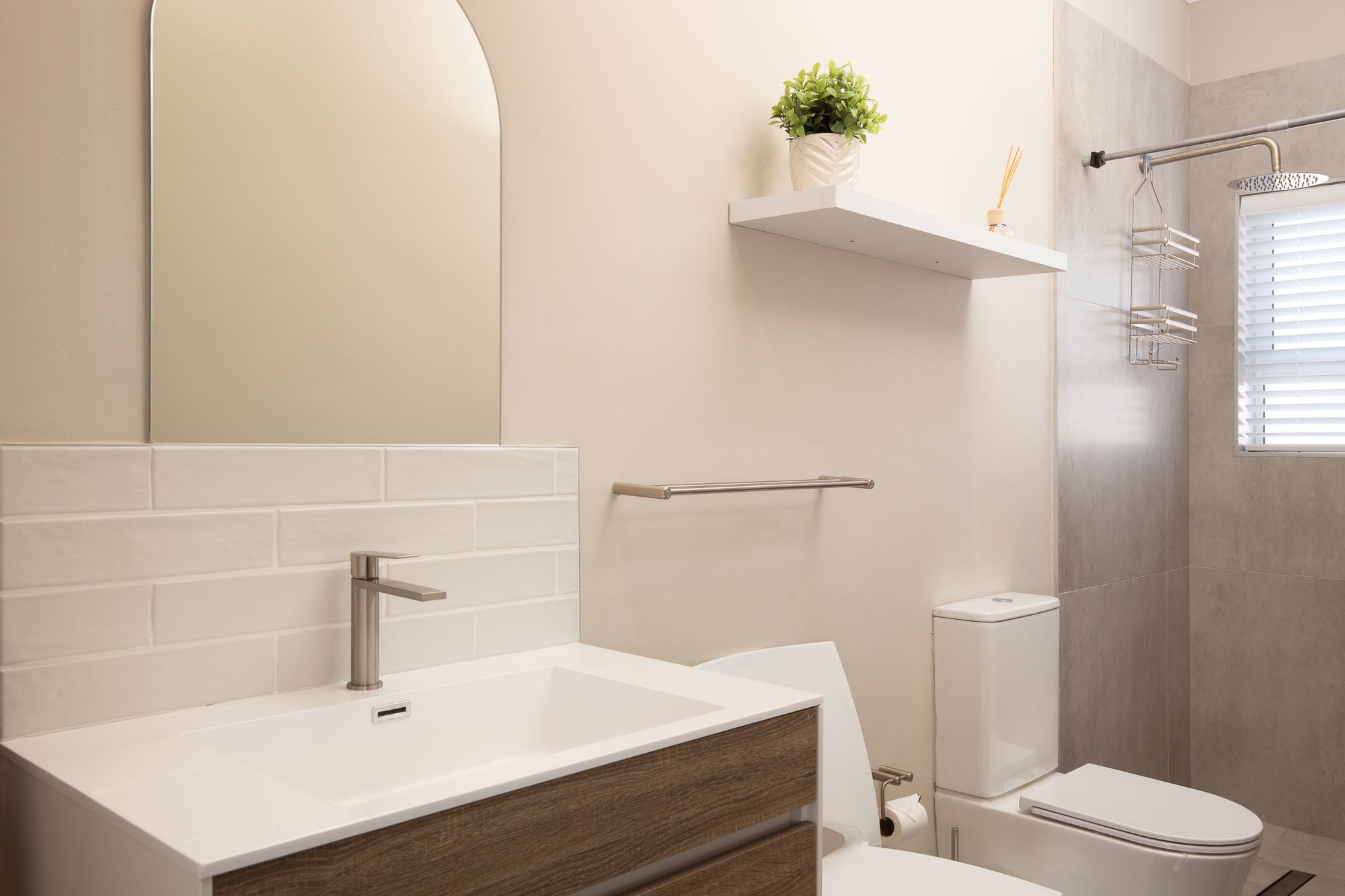 Modern bathroom with white subway tile