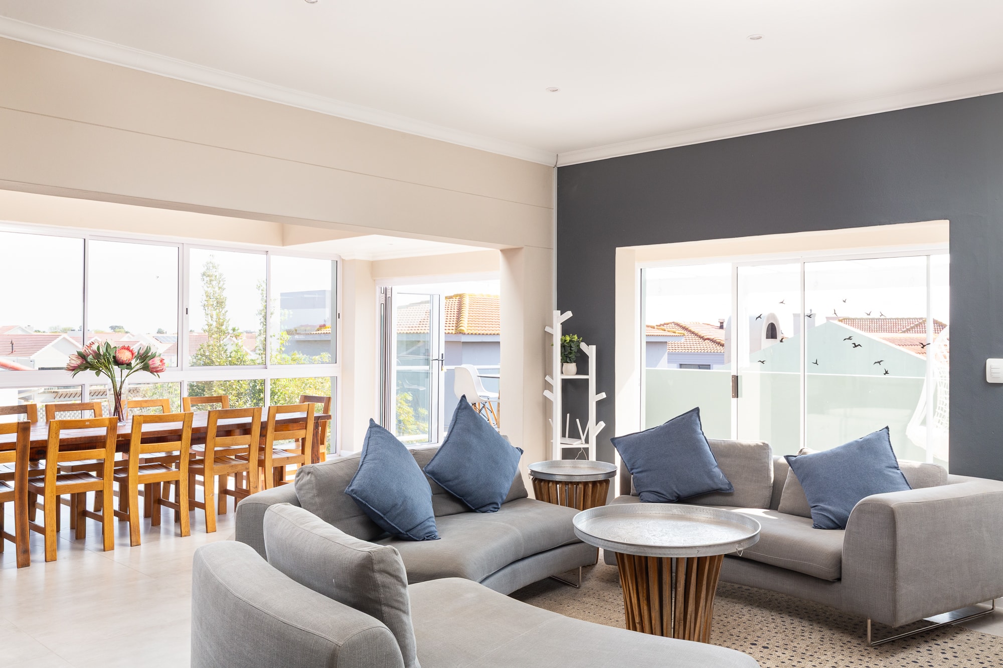 Modern living room with grey accent wall