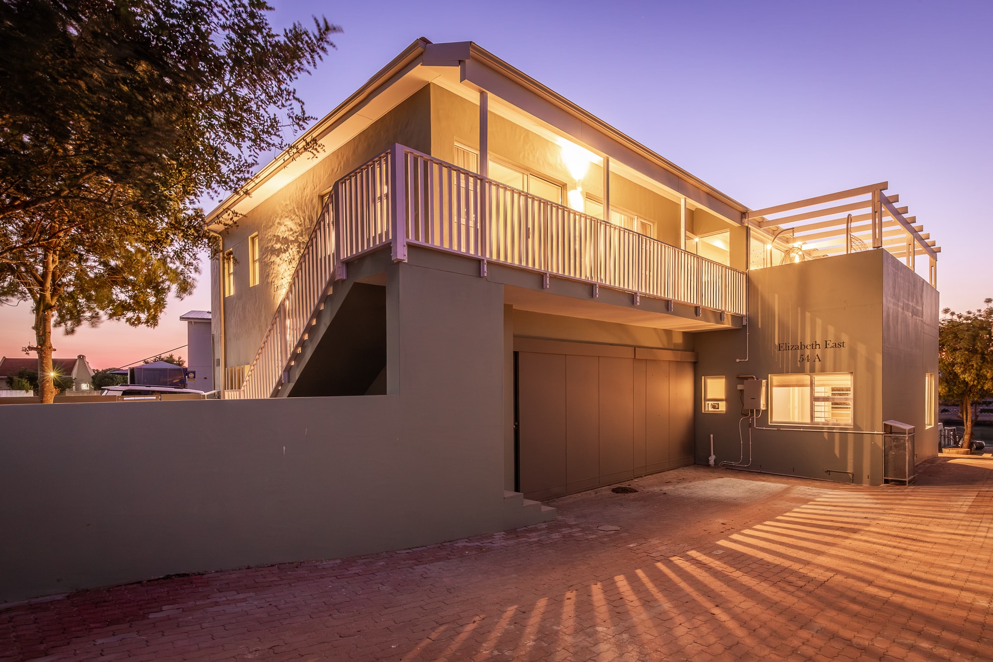 Modern house exterior at dusk